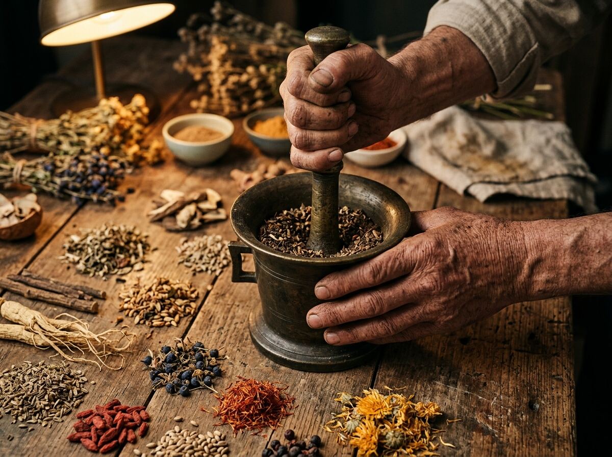 藏医传统铜臼研磨草本药材