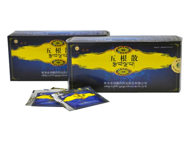 五根散产品包装图（金诃藏药股份有限公司）——藏医“干黄水”散剂，传统用于寒性黄水病与关节肿胀